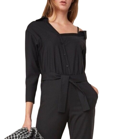 [s] MAJE NWT Jumpsuit Pesto Cold Shoulder Pockets Minimalist Black Size 36 Small - Picture 2 of 12